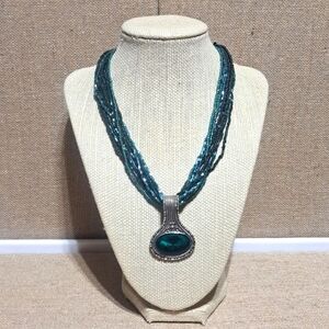 Fall Statement Necklace - Teal  Seedbead Bohemian Boho Multistrand Short Chunky